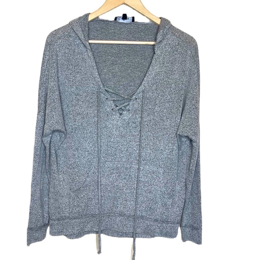 LULUS gray marled v neck drawstring hooded pocket sweater pullover